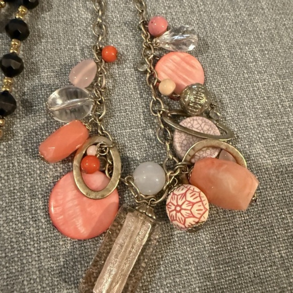 Park Lane Black And Gold Bead Peach‎ Dangles Leather And Gold Three Necklaces - Picture 2 of 7